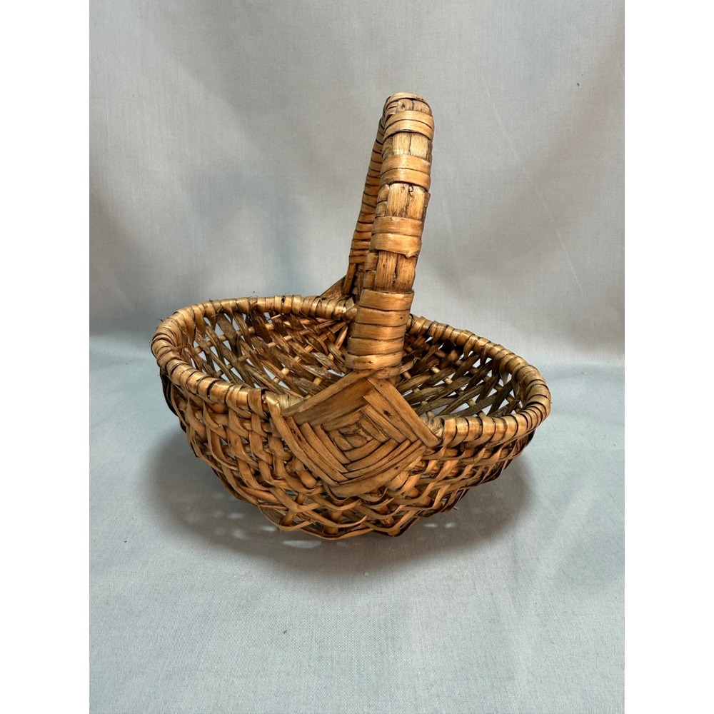 Vintage Woven Wicker Buttocks Basket Gods Eye Pattern Rustic Farmhouse Small
